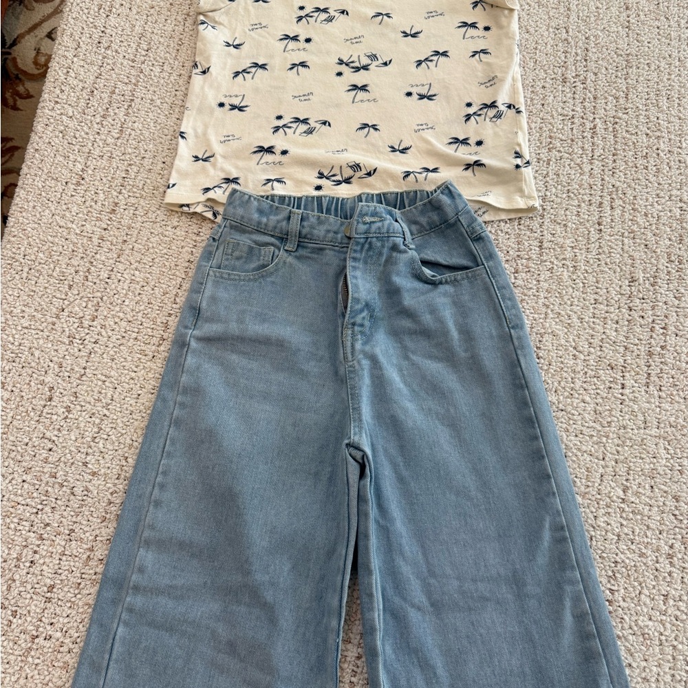 Palm Print Top and Light Blue Jeans I m selling the total outfit for $30